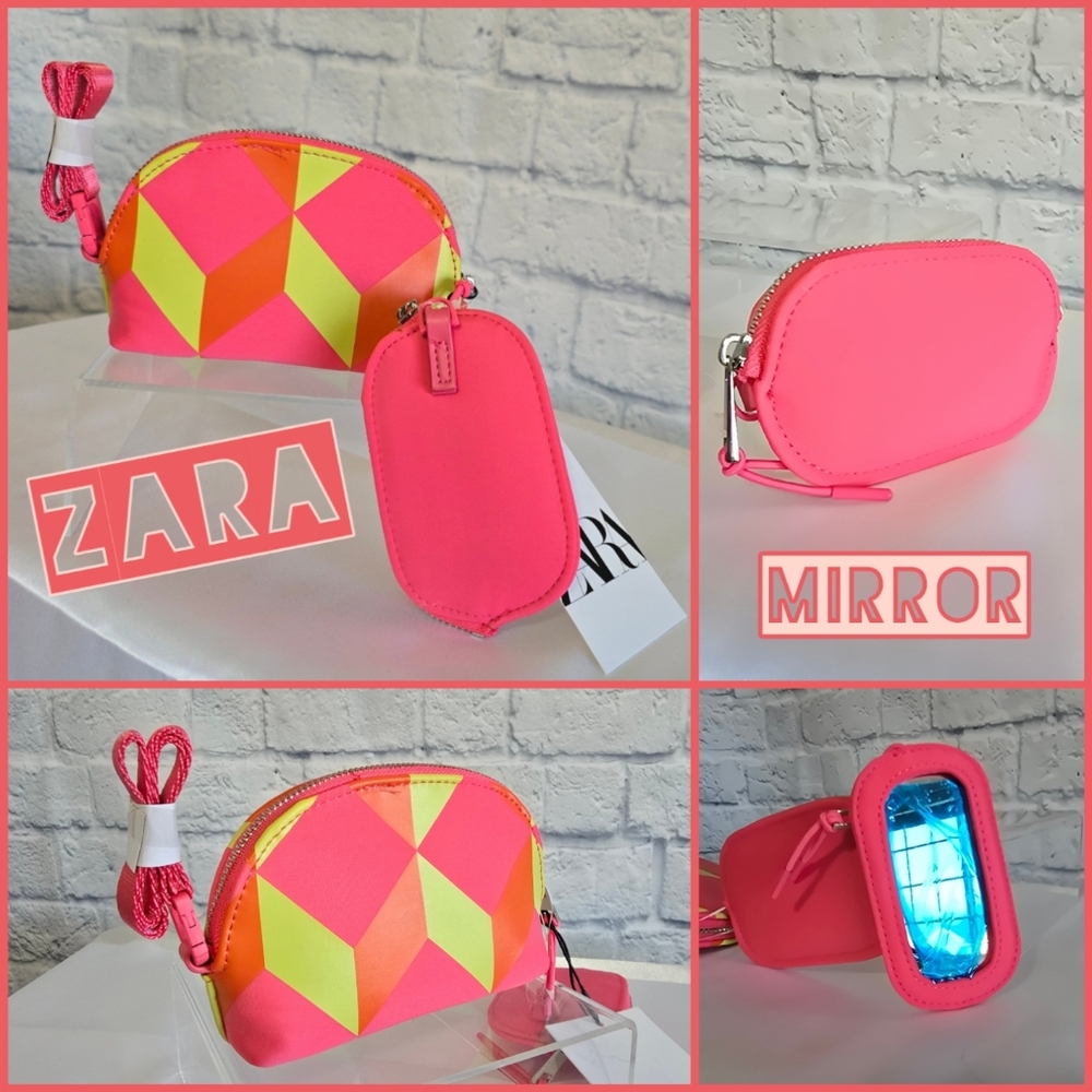 Zara Vibrant Pink + Yellow Geo Print Mini Toiletries Pouch Wristlet with Mirror
